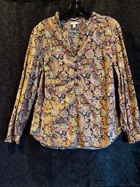 Light COTTON Paisley Print Ruffle Neck Henley Blouse